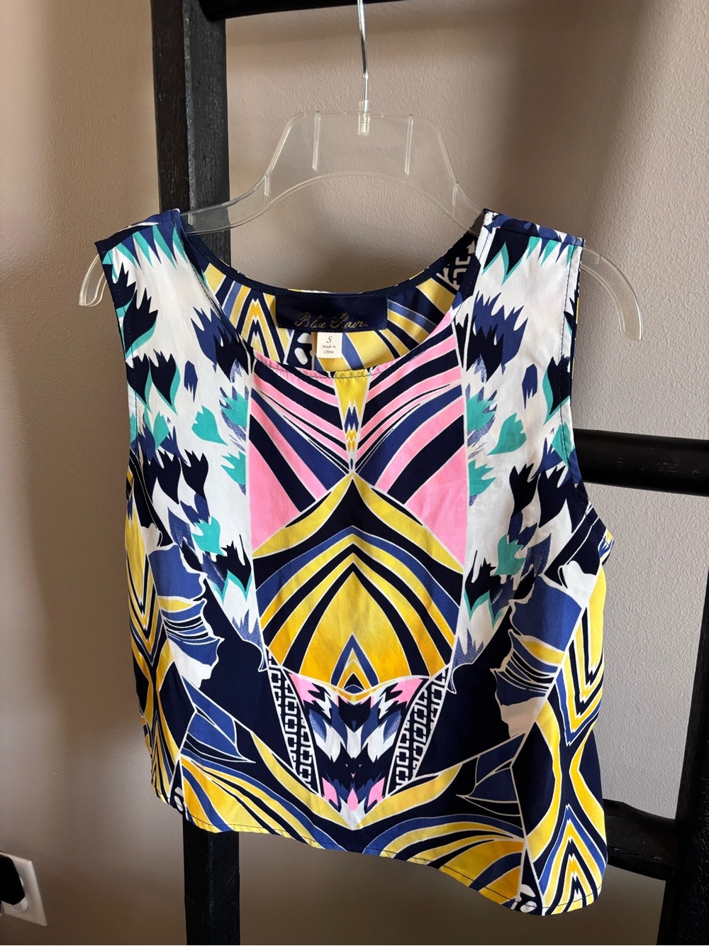 Blue Rain Bright Geometric Crop Top in Navy, Yellow & Pink